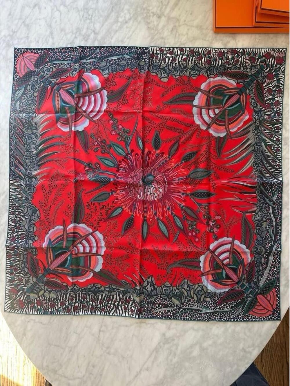 Hermes Carre 90 Silk Scarf with Flowers of South Africa 100% Silk 35 Mint